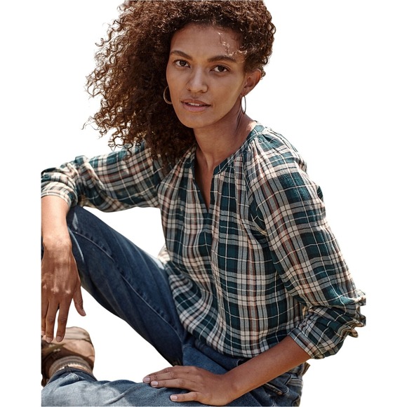 Garnet Hill Tops - Garnet‎ Hill Teal Gauze Organic-Cotton Plaid Popover Blouse Women Medium NWT